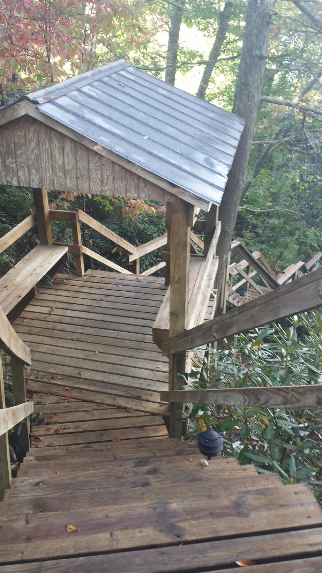 Metal roofed shelter over wooden steps on a wooded walkway — Skylight Repair & Installation work by our crew in Hammondsville